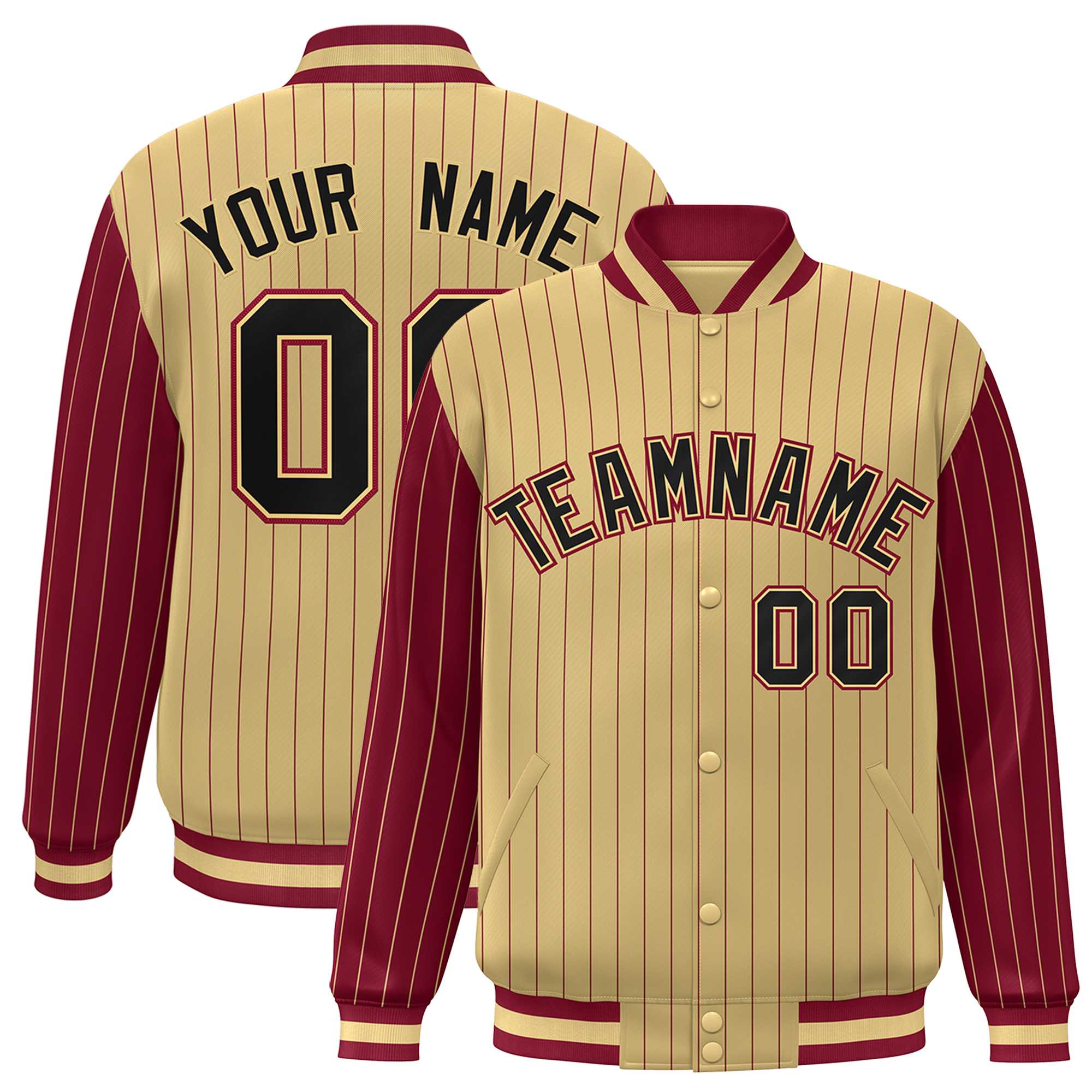 Custom Khaki Crimson Raglan Sleeves Varsity Full-Snap Pinstripe Letterman Baseball Jacket