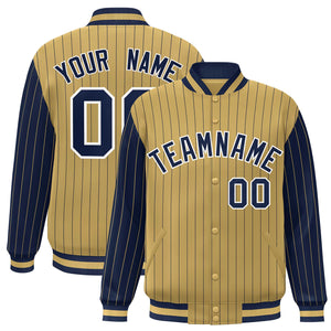 Custom Old Gold Navy Raglan Sleeves Varsity Full-Snap Pinstripe Letterman Baseball Jacket