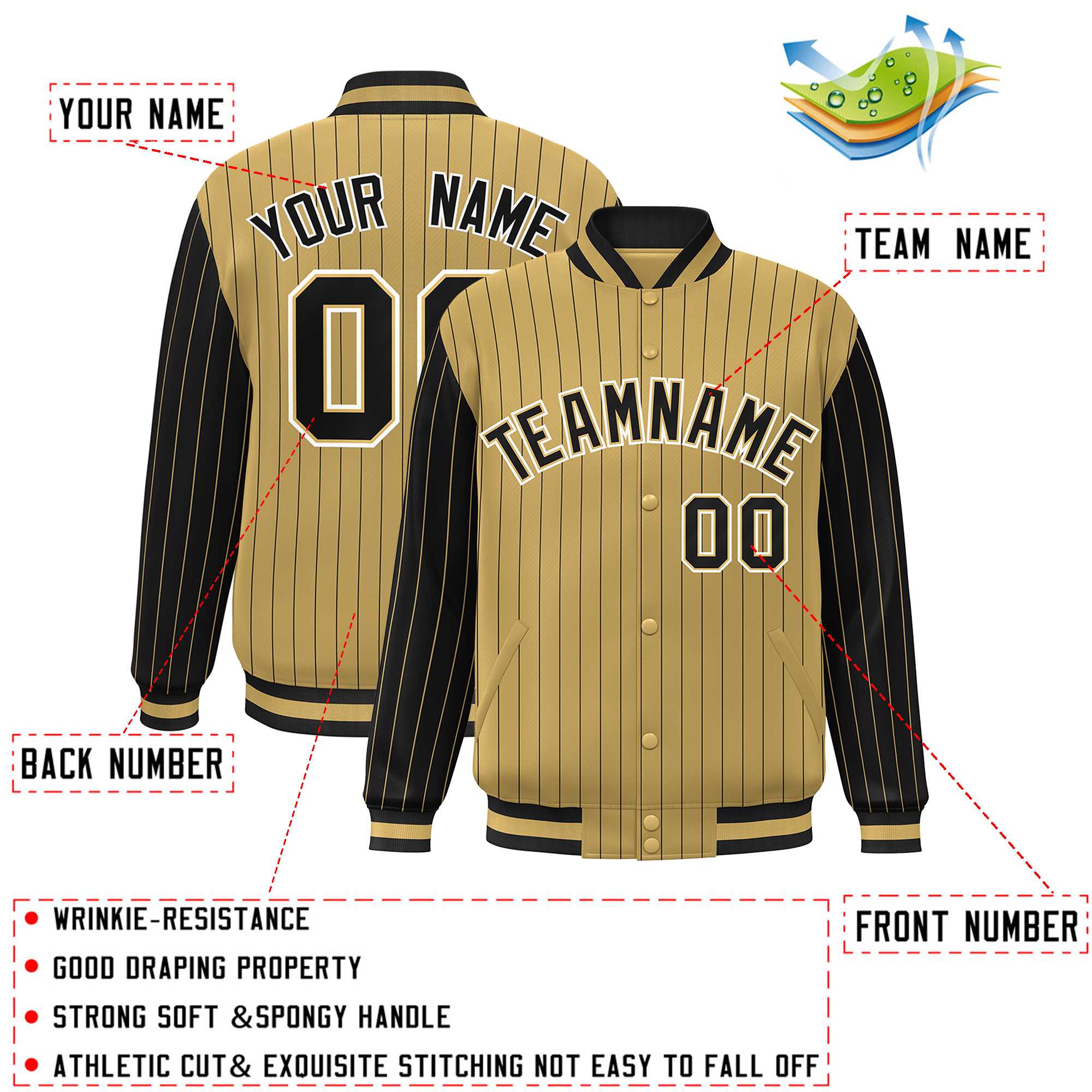 Custom Old Gold Black Raglan Sleeves Varsity Full-Snap Pinstripe Letterman Baseball Jacket