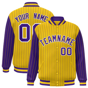 Custom Gold Purple Raglan Sleeves Varsity Full-Snap Pinstripe Letterman Baseball Jacket