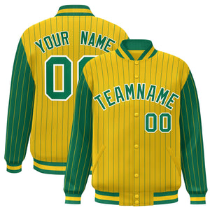 Custom Gold Kelly Green Raglan Sleeves Varsity Full-Snap Pinstripe Letterman Baseball Jacket