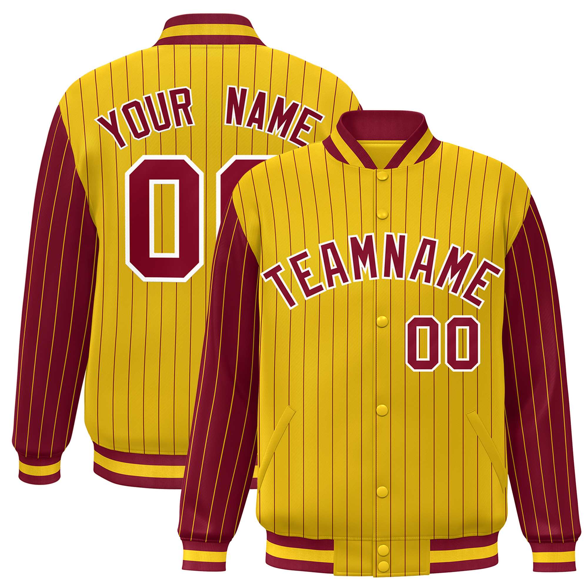 Custom Gold Crimson Raglan Sleeves Varsity Full-Snap Pinstripe Letterman Baseball Jacket