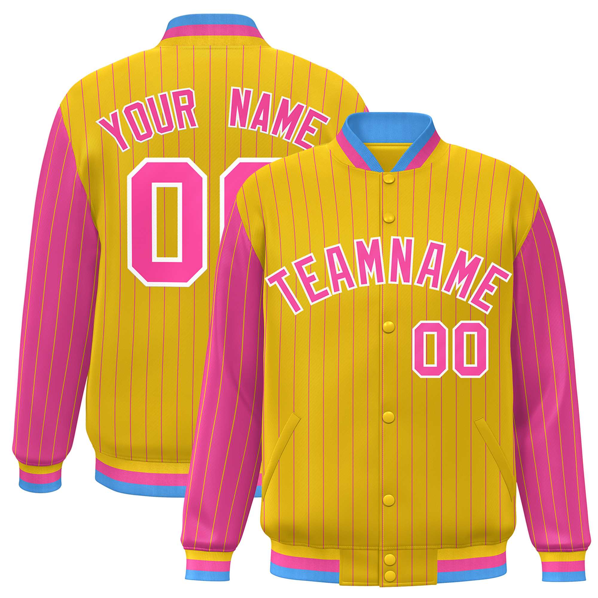 Custom Gold Pink Raglan Sleeves Varsity Full-Snap Pinstripe Letterman Baseball Jacket