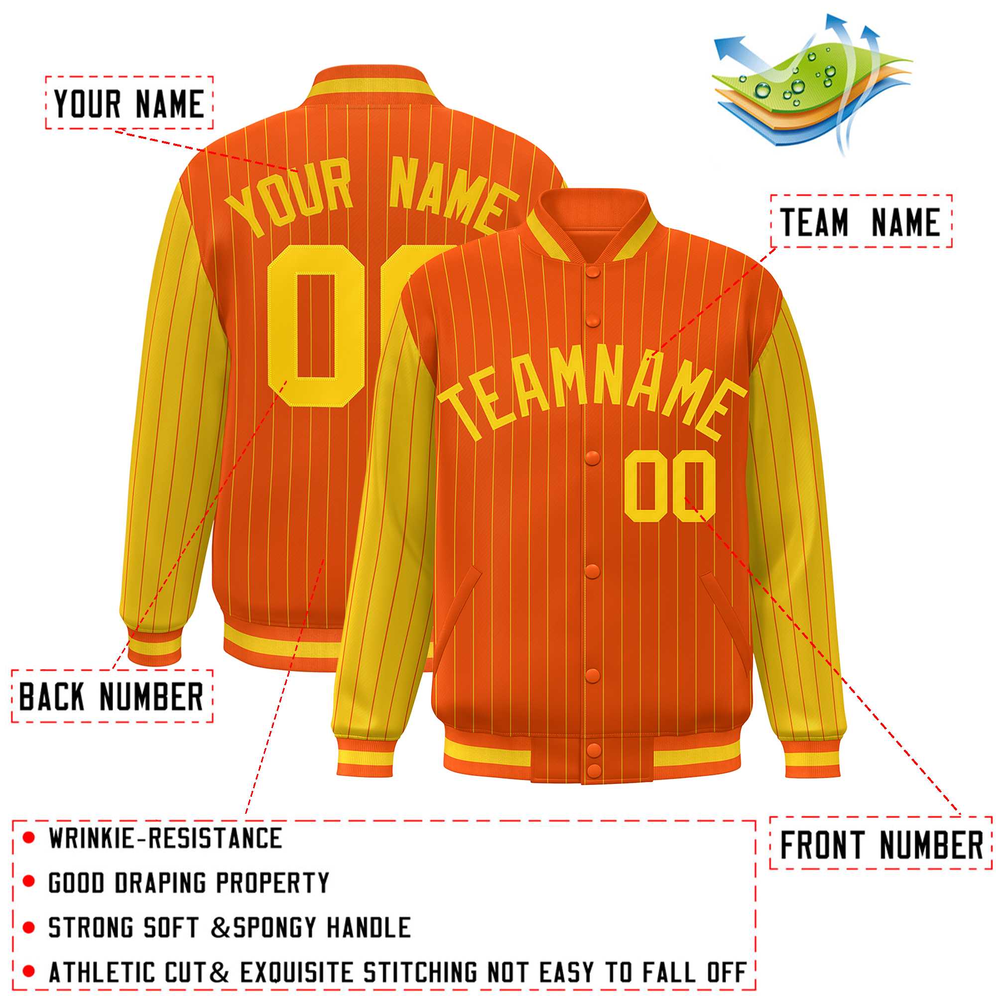 Custom Orange Gold Raglan Sleeves Varsity Full-Snap Pinstripe Letterman Baseball Jacket