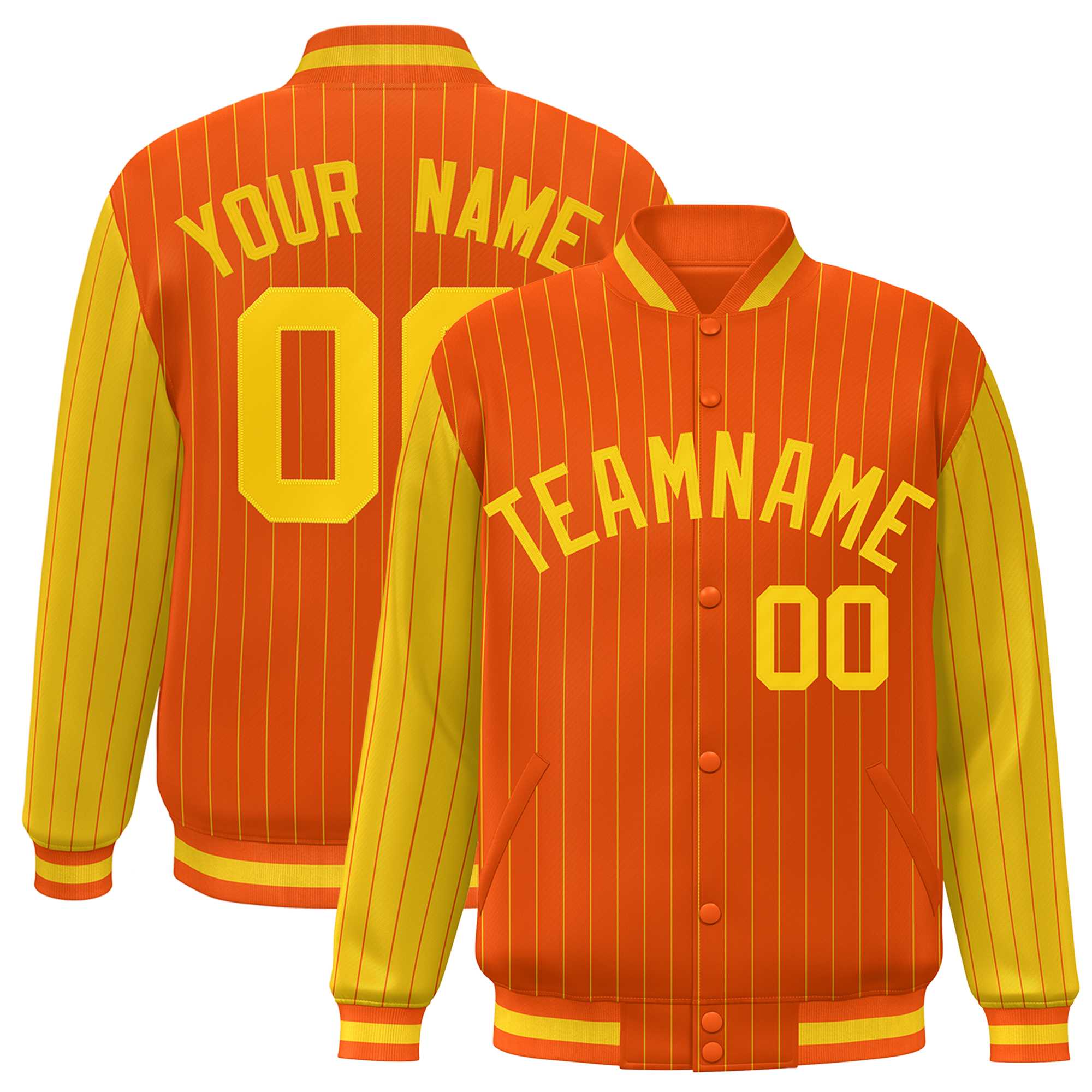 Custom Orange Gold Raglan Sleeves Varsity Full-Snap Pinstripe Letterman Baseball Jacket