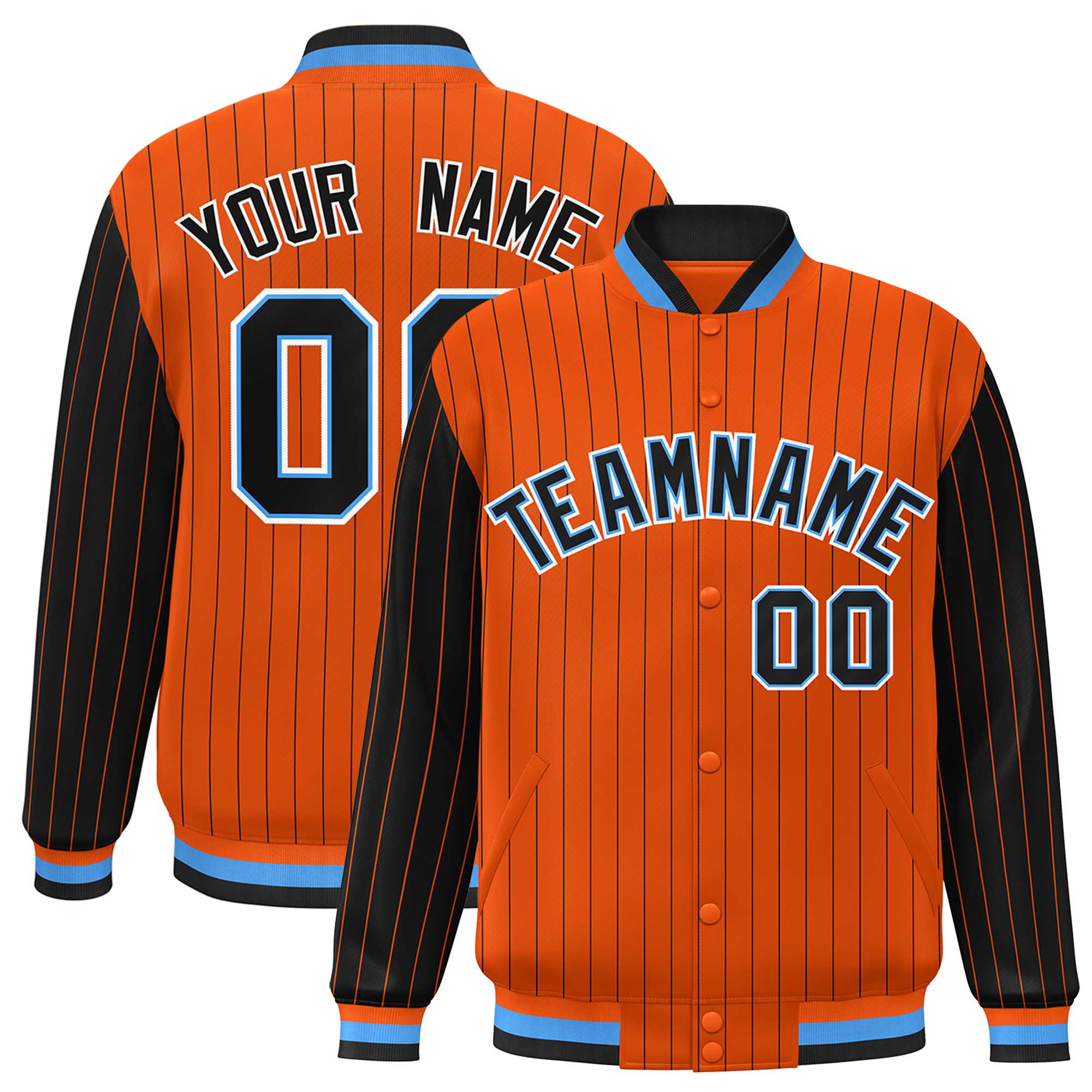 Custom Orange Black Raglan Sleeves Varsity Full-Snap Pinstripe Letterman Baseball Jacket