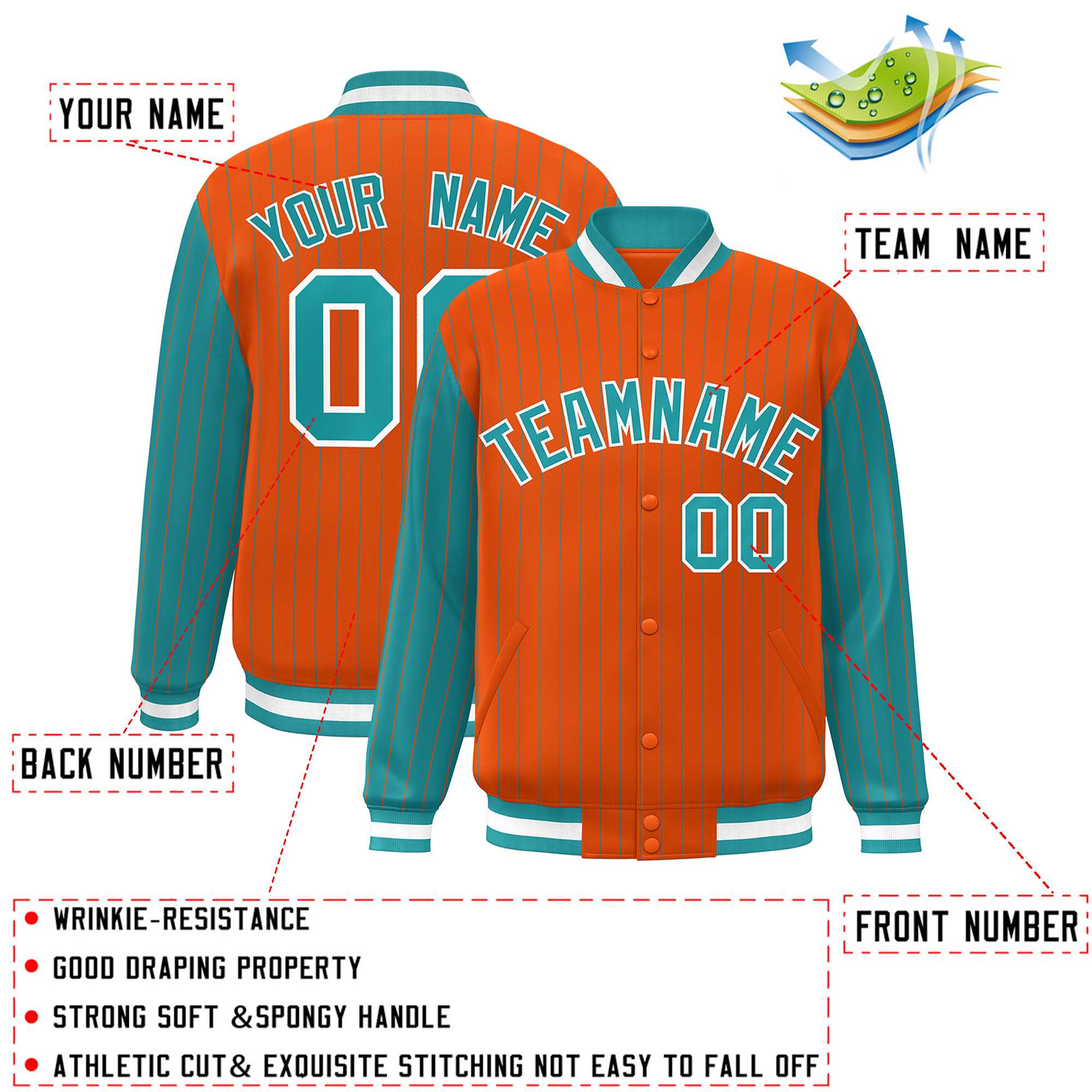 Custom Orange Aqua Raglan Sleeves Varsity Full-Snap Pinstripe Letterman Baseball Jacket