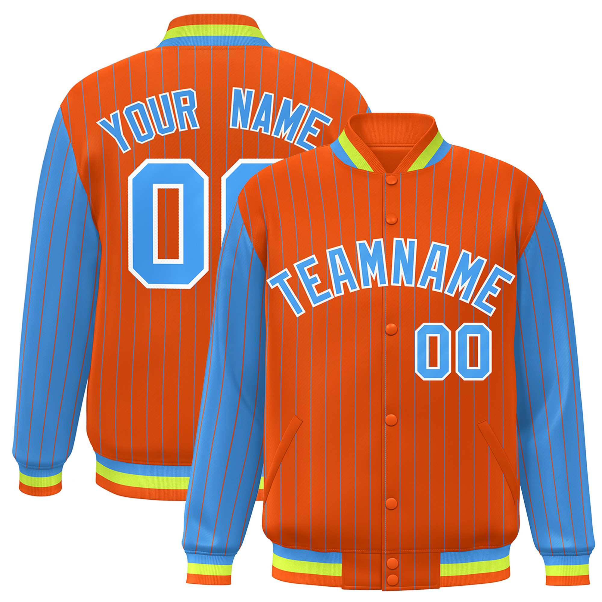 Custom Orange Powder Blue Raglan Sleeves Varsity Full-Snap Pinstripe Letterman Baseball Jacket