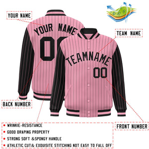 Custom Light Pink Black Raglan Sleeves Varsity Full-Snap Pinstripe Letterman Baseball Jacket