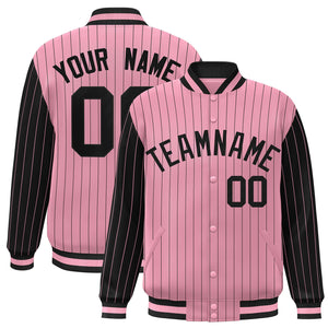 Custom Light Pink Black Raglan Sleeves Varsity Full-Snap Pinstripe Letterman Baseball Jacket