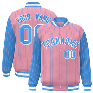 Custom Light Pink Powder Blue Raglan Sleeves Varsity Full-Snap Pinstripe Letterman Baseball Jacket