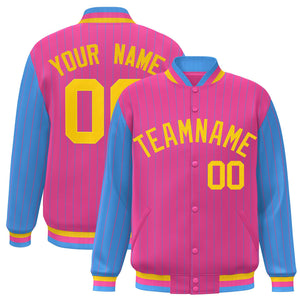 Custom Pink Powder Blue Raglan Sleeves Varsity Full-Snap Pinstripe Letterman Baseball Jacket