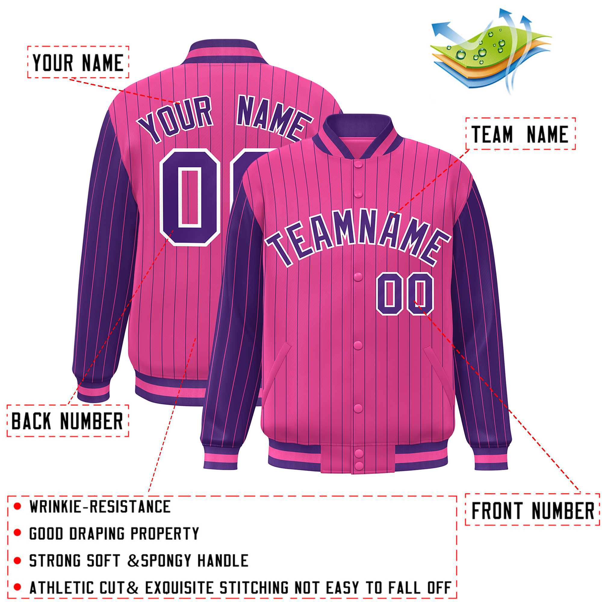 Custom Pink Purple Raglan Sleeves Varsity Full-Snap Pinstripe Letterman Baseball Jacket