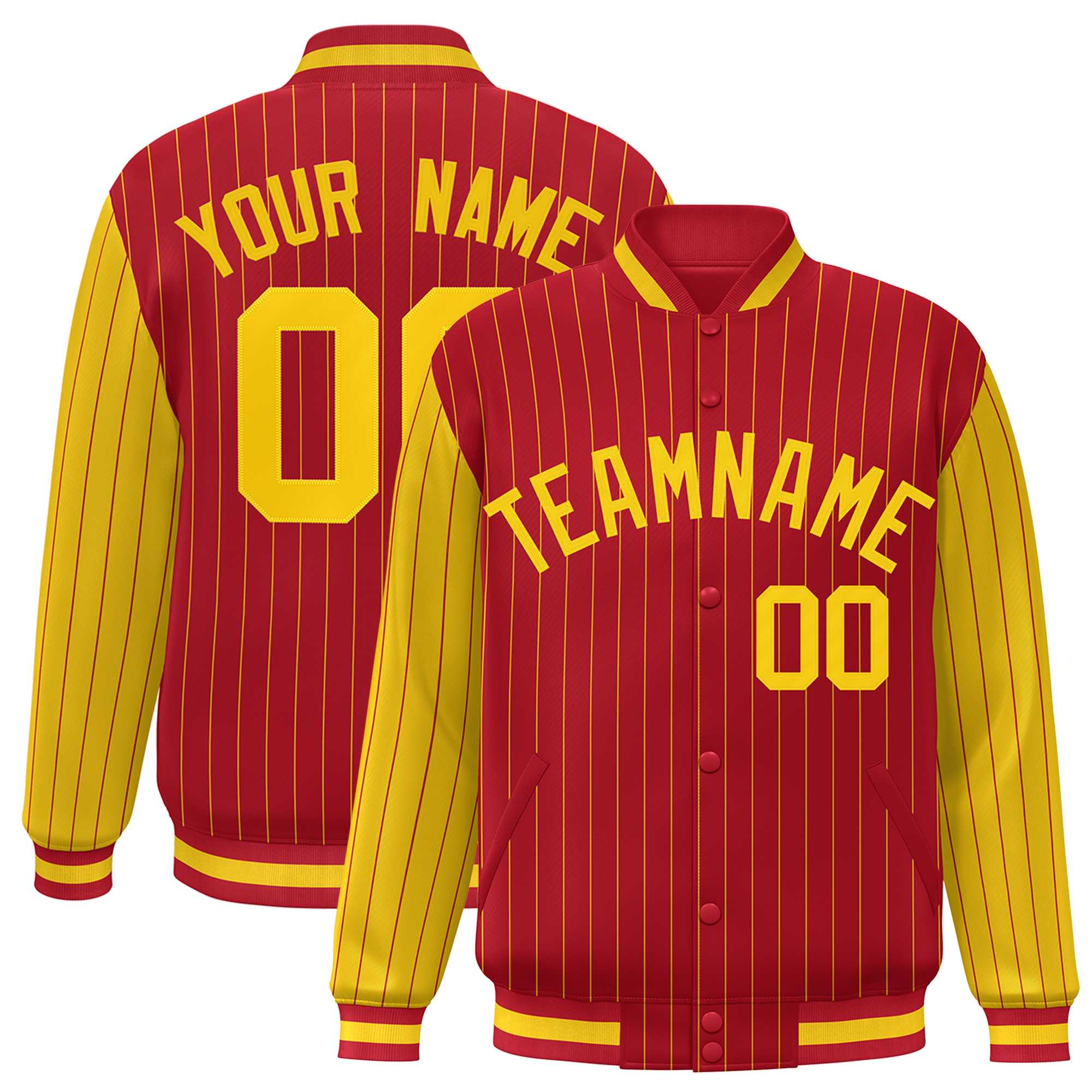 Custom Red Gold Raglan Sleeves Varsity Full-Snap Pinstripe Letterman Baseball Jacket