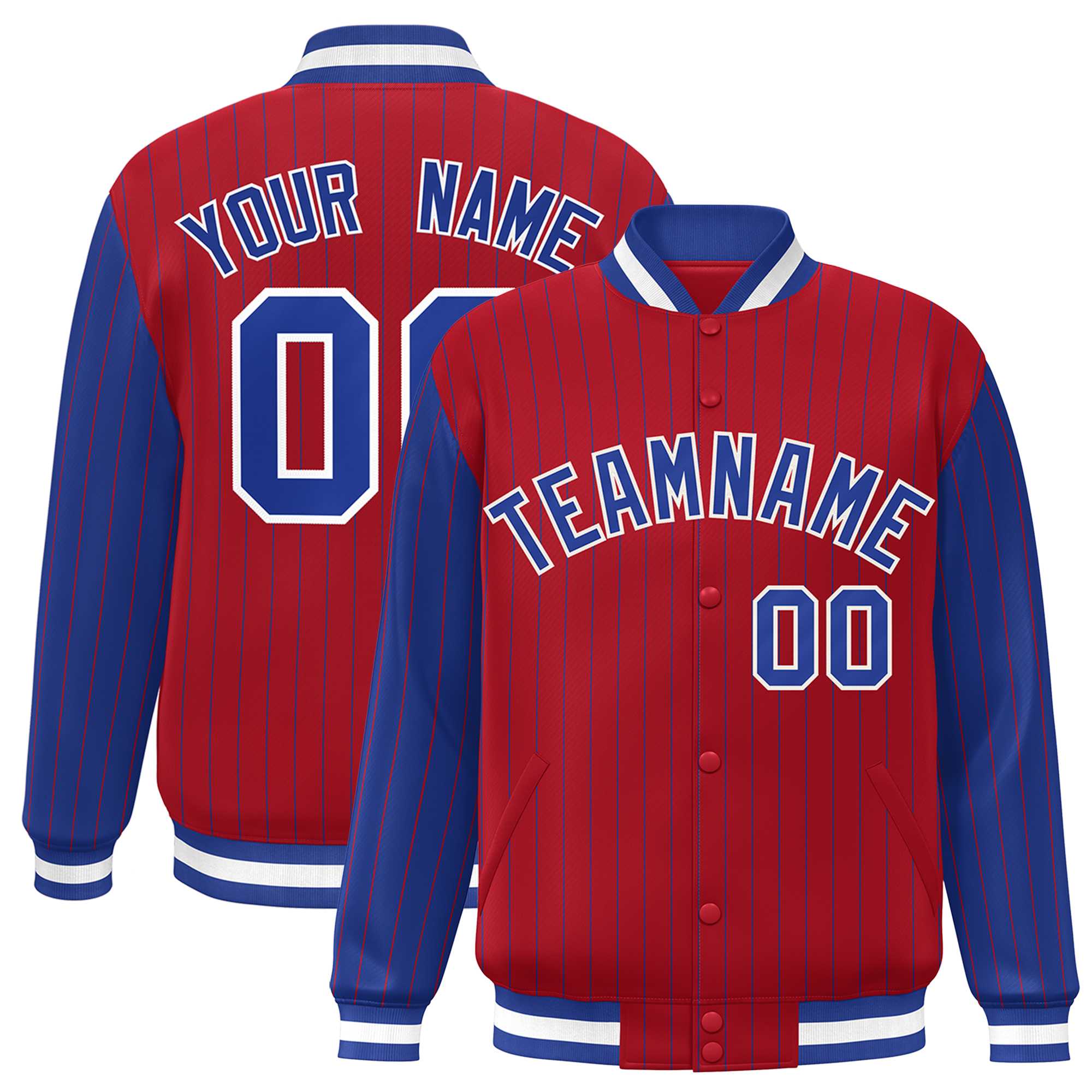 Custom Red Royal Raglan Sleeves Varsity Full-Snap Pinstripe Letterman Baseball Jacket