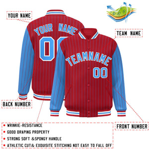 Custom Red Powder Blue Raglan Sleeves Varsity Full-Snap Pinstripe Letterman Baseball Jacket