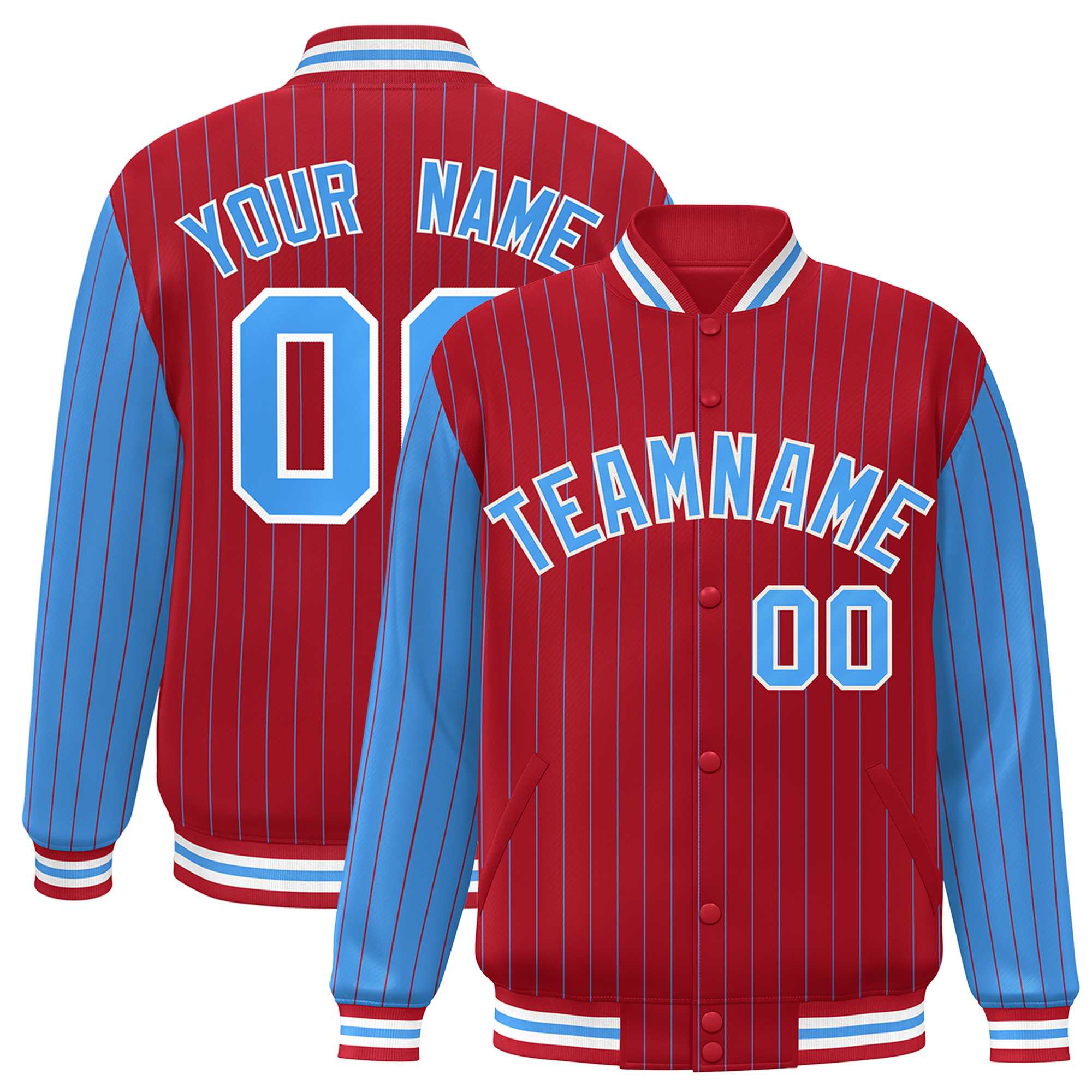 Custom Red Powder Blue Raglan Sleeves Varsity Full-Snap Pinstripe Letterman Baseball Jacket