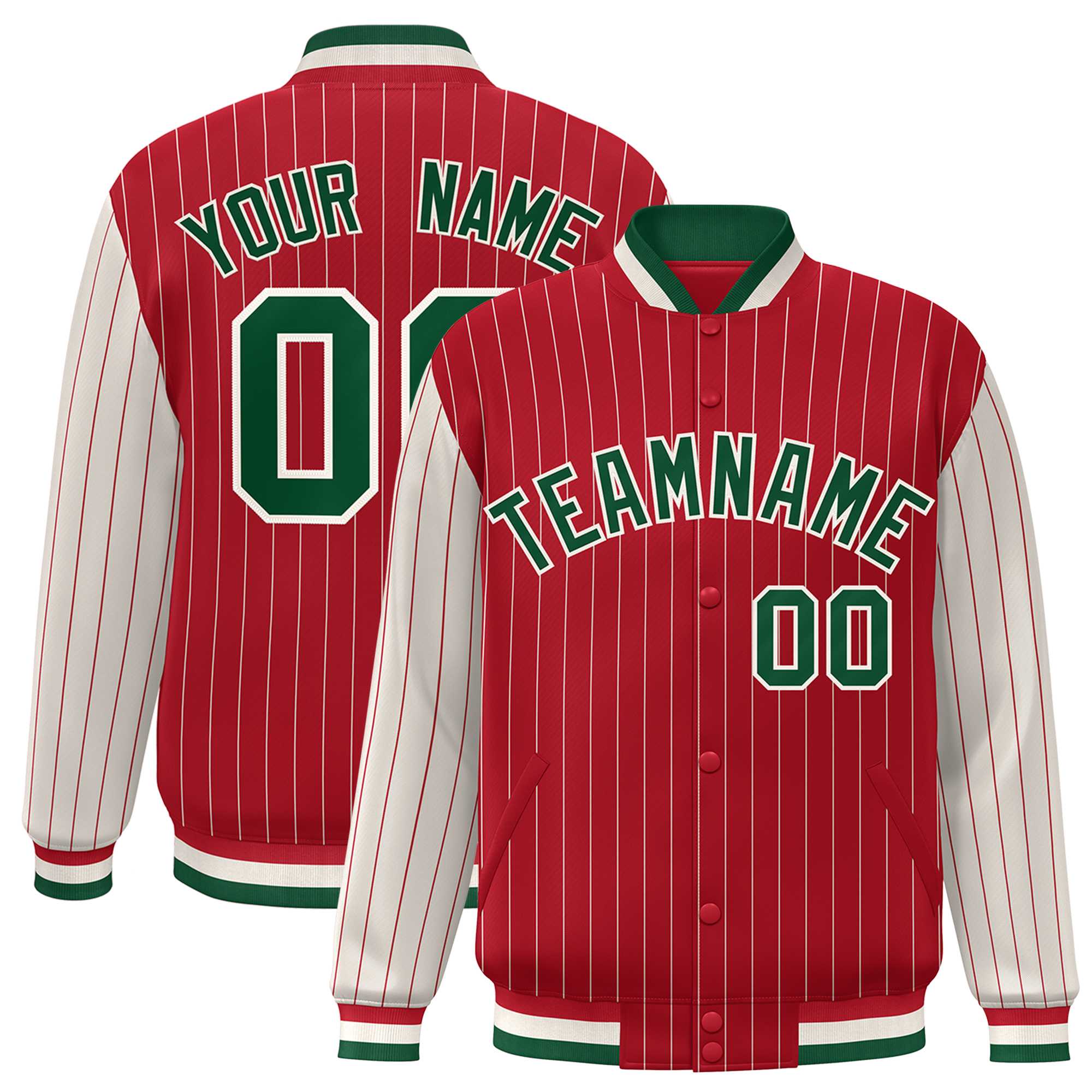 Custom Red Cream Raglan Sleeves Varsity Full-Snap Pinstripe Letterman Baseball Jacket