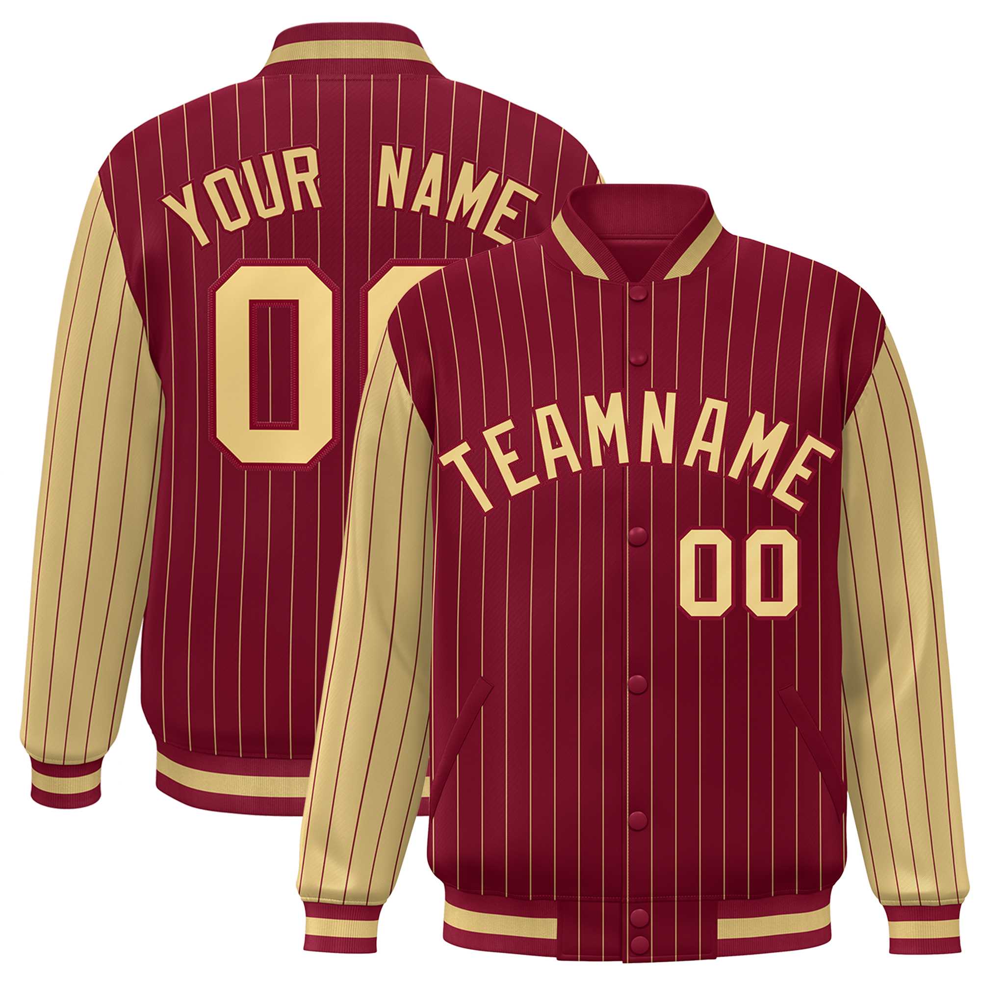 Custom Crimson Khaki Raglan Sleeves Varsity Full-Snap Pinstripe Letterman Baseball Jacket