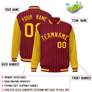 Custom Crimson Gold Raglan Sleeves Varsity Full-Snap Pinstripe Letterman Baseball Jacket