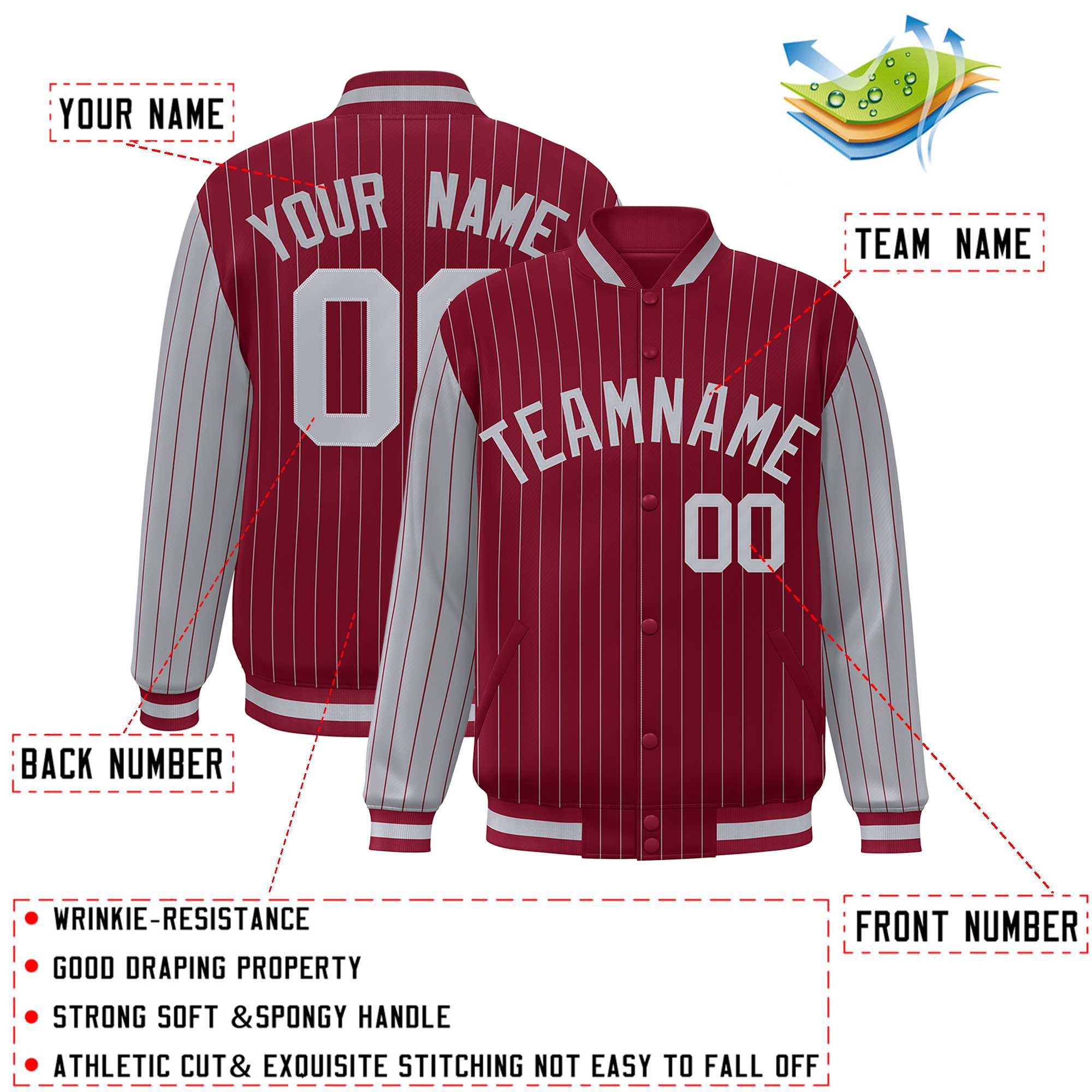 Custom Crimson Gray Raglan Sleeves Varsity Full-Snap Pinstripe Letterman Baseball Jacket