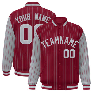 Custom Crimson Gray Raglan Sleeves Varsity Full-Snap Pinstripe Letterman Baseball Jacket