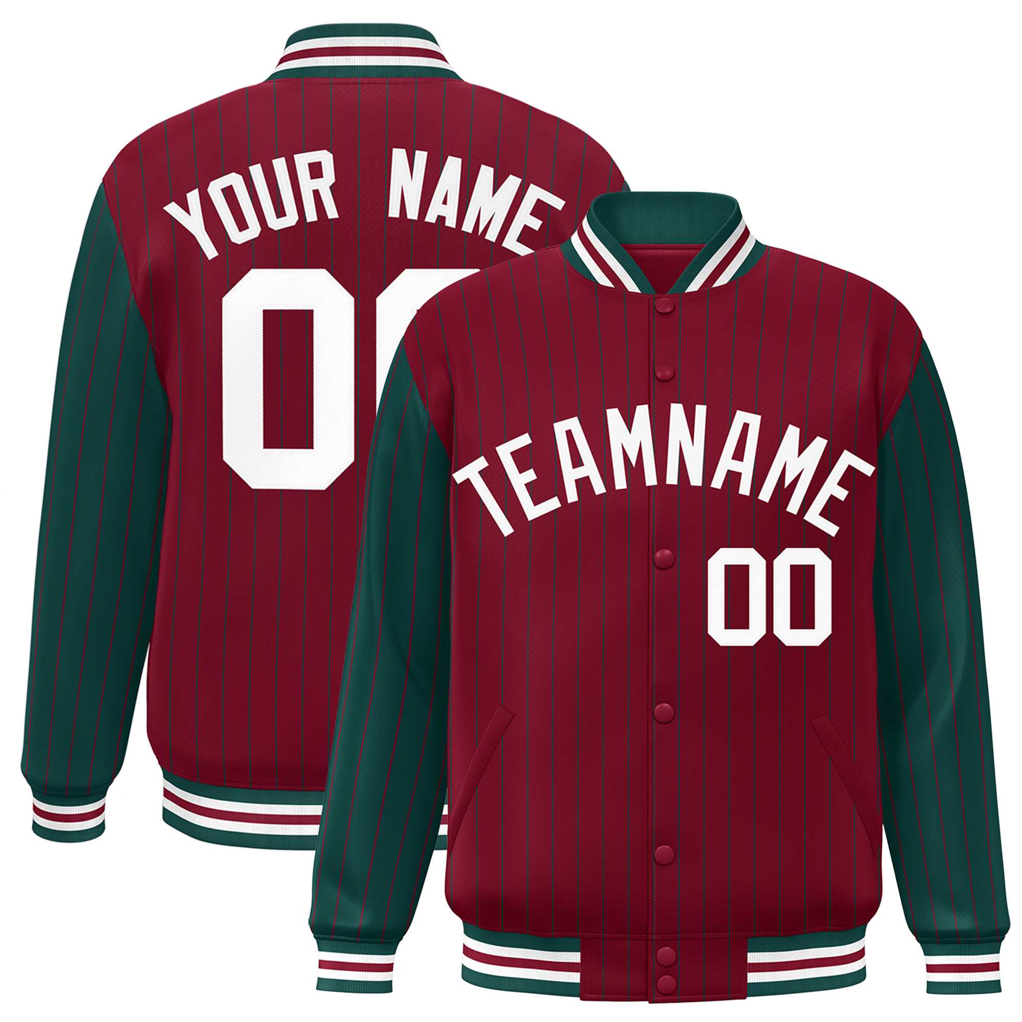 Custom Crimson Midnight Green Raglan Sleeves Varsity Full-Snap Pinstripe Letterman Baseball Jacket