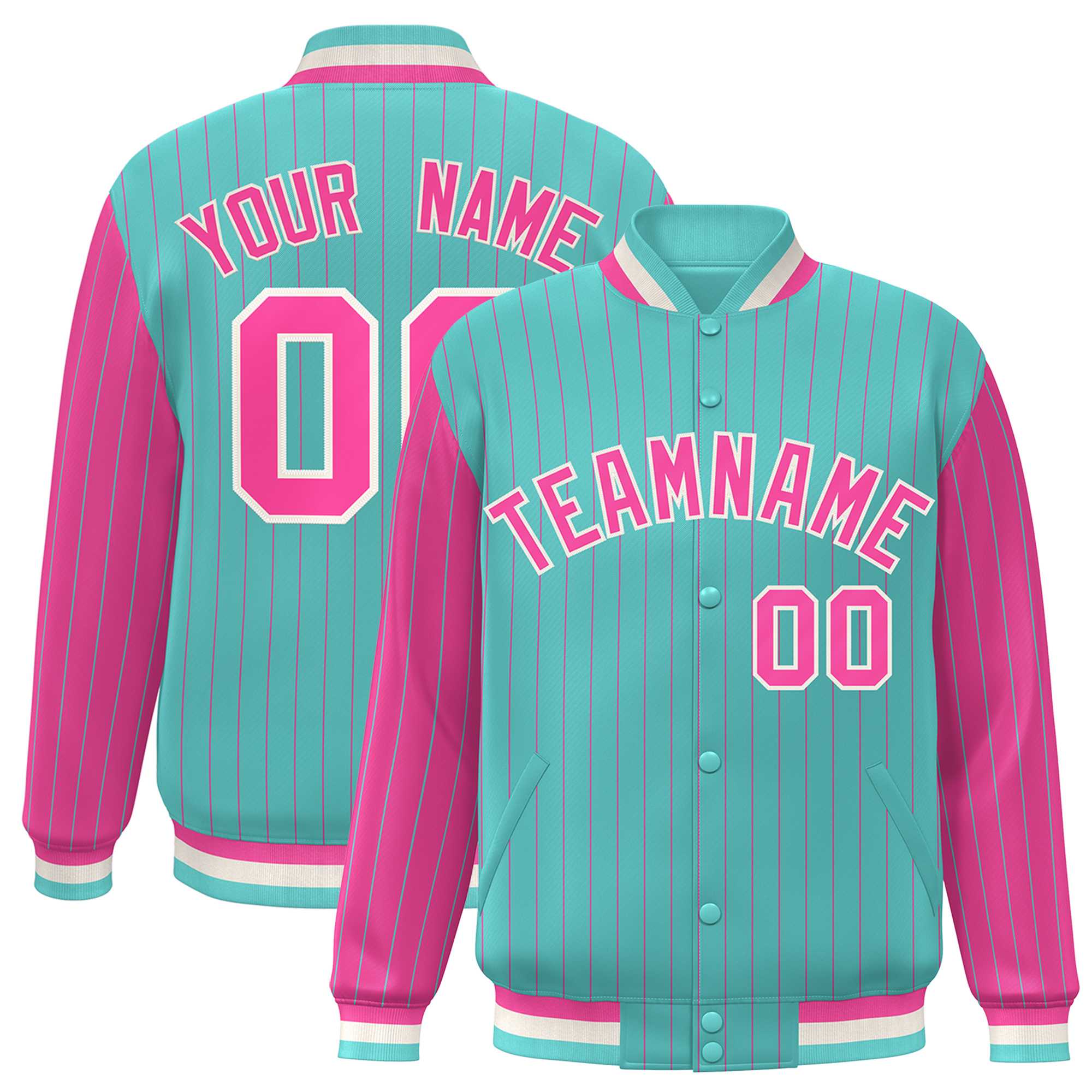 Custom Bright Green Pink Raglan Sleeves Varsity Full-Snap Pinstripe Letterman Baseball Jacket