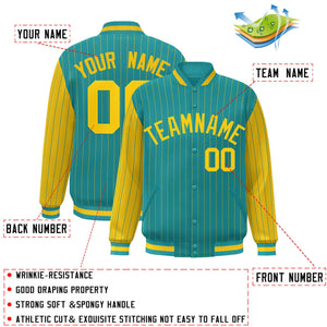 Custom Aqua Gold Raglan Sleeves Varsity Full-Snap Pinstripe Letterman Baseball Jacket