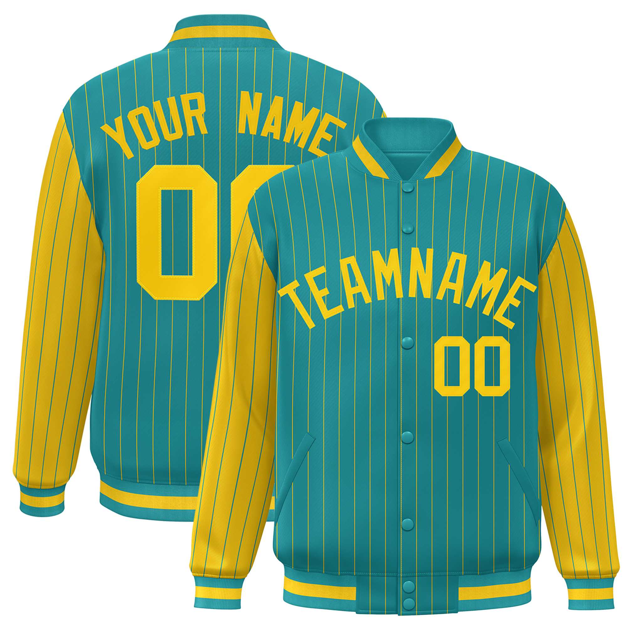 Custom Aqua Gold Raglan Sleeves Varsity Full-Snap Pinstripe Letterman Baseball Jacket