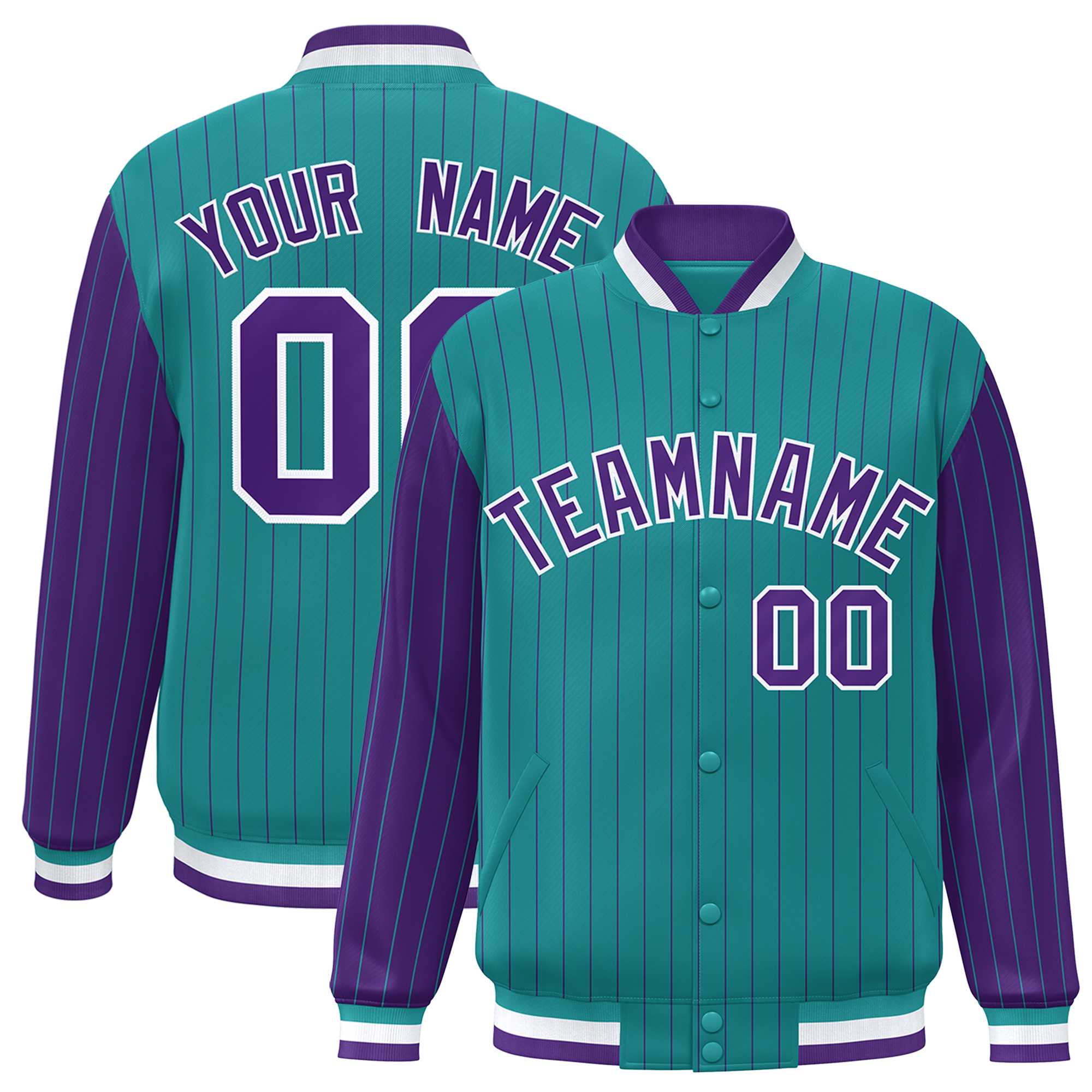 Custom Aqua Purple Raglan Sleeves Varsity Full-Snap Pinstripe Letterman Baseball Jacket