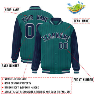 Custom Aqua Navy Raglan Sleeves Varsity Full-Snap Pinstripe Letterman Baseball Jacket