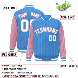 Custom Powder Blue Light Pink Raglan Sleeves Varsity Full-Snap Pinstripe Letterman Baseball Jacket