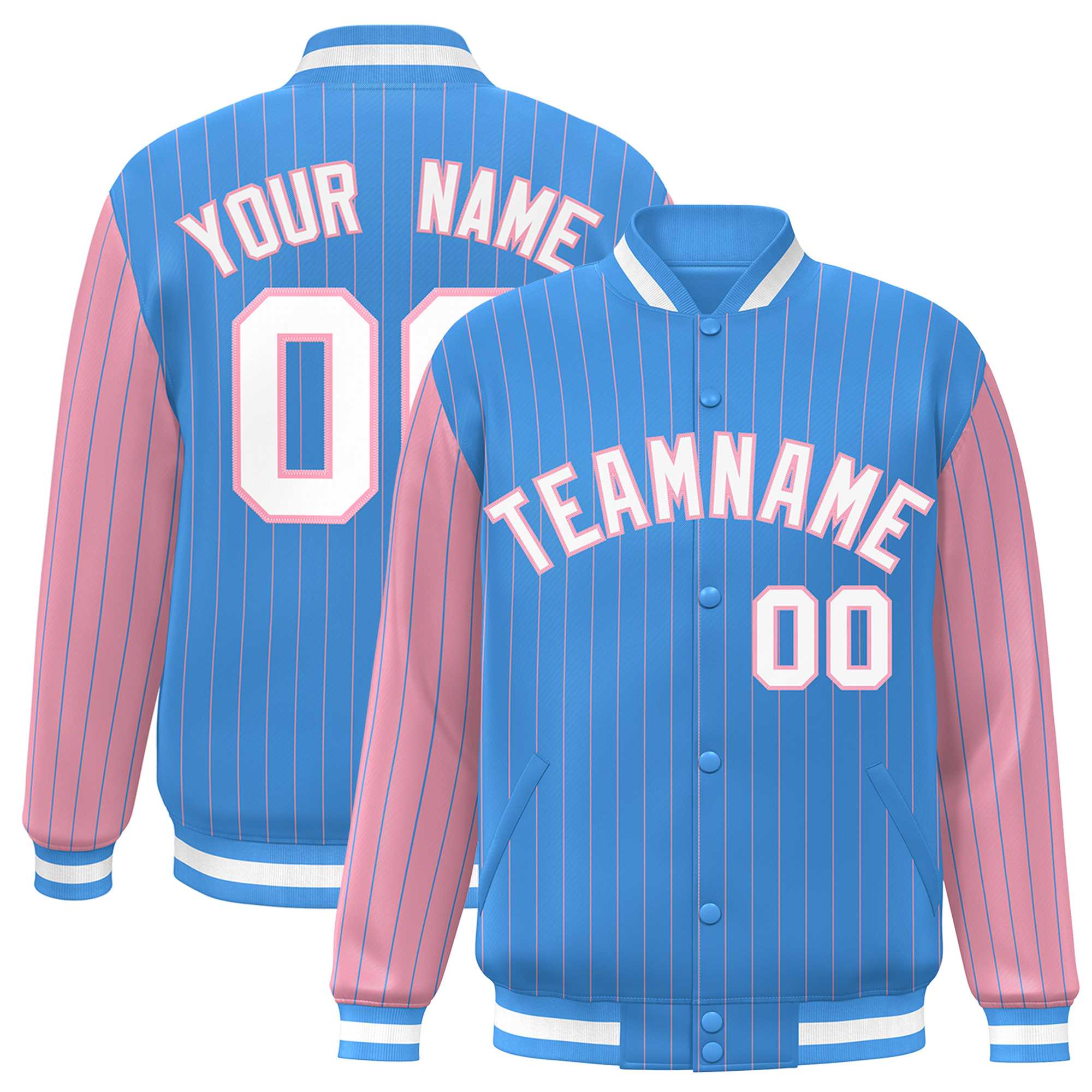 Custom Powder Blue Light Pink Raglan Sleeves Varsity Full-Snap Pinstripe Letterman Baseball Jacket