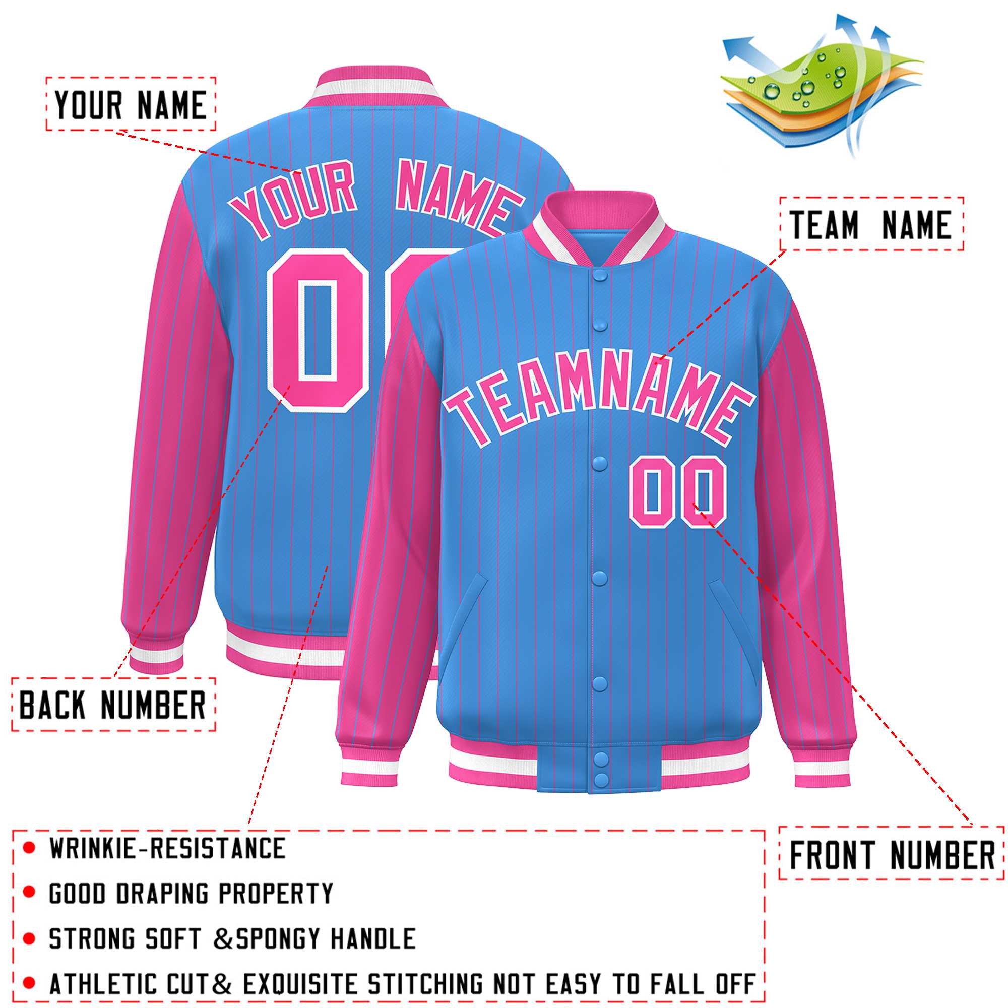 Custom Powder Blue Pink Raglan Sleeves Varsity Full-Snap Pinstripe Letterman Baseball Jacket