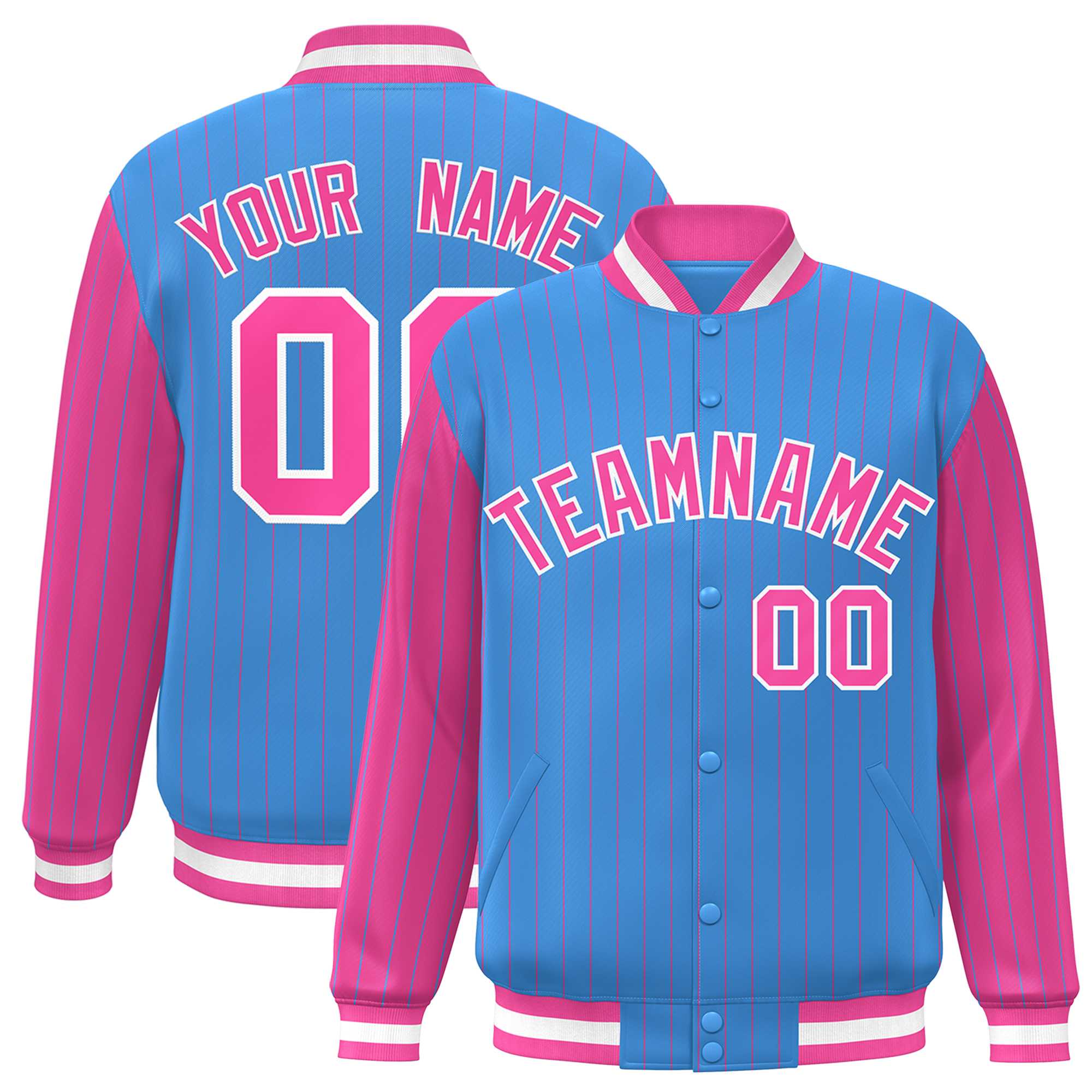 Custom Powder Blue Pink Raglan Sleeves Varsity Full-Snap Pinstripe Letterman Baseball Jacket