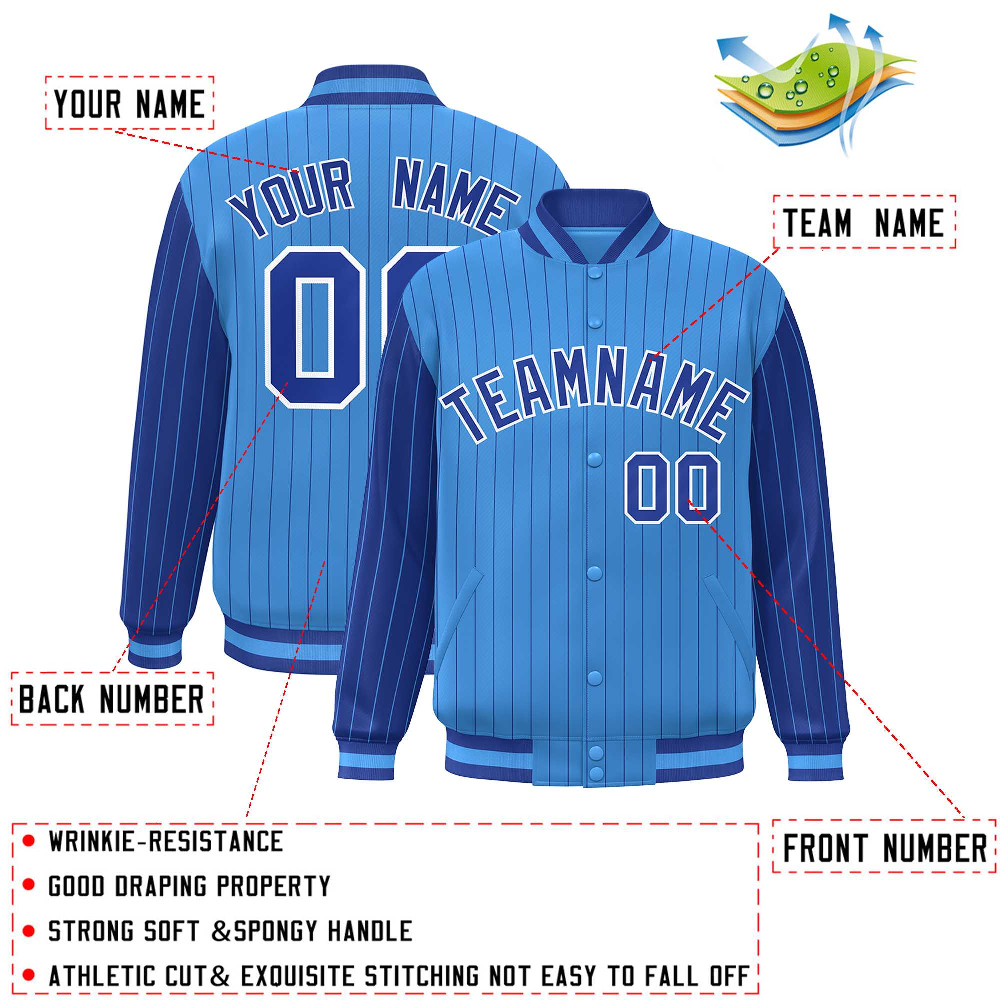 Custom Powder Blue Royal Raglan Sleeves Varsity Full-Snap Pinstripe Letterman Baseball Jacket