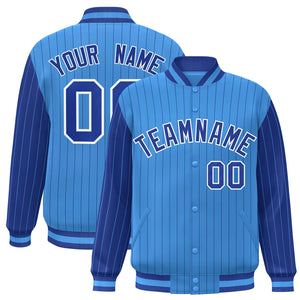 Custom Powder Blue Royal Raglan Sleeves Varsity Full-Snap Pinstripe Letterman Baseball Jacket