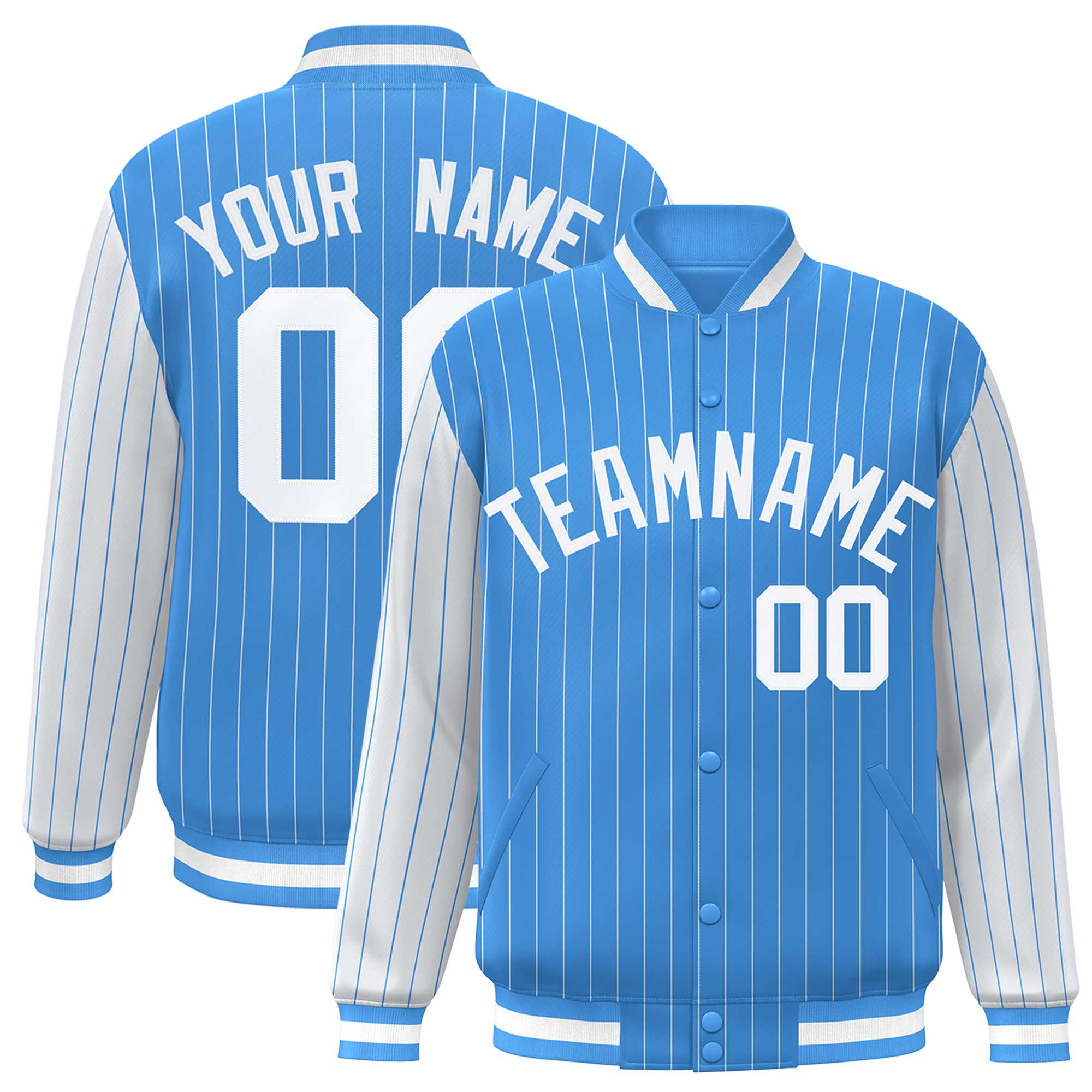 Custom Powder Blue White Raglan Sleeves Varsity Full-Snap Pinstripe Letterman Baseball Jacket