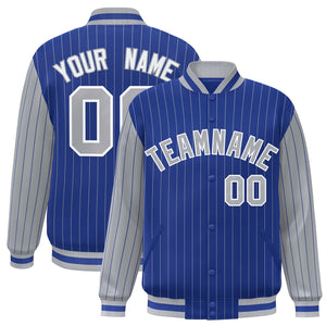 Custom Royal Gray Raglan Sleeves Varsity Full-Snap Pinstripe Letterman Baseball Jacket