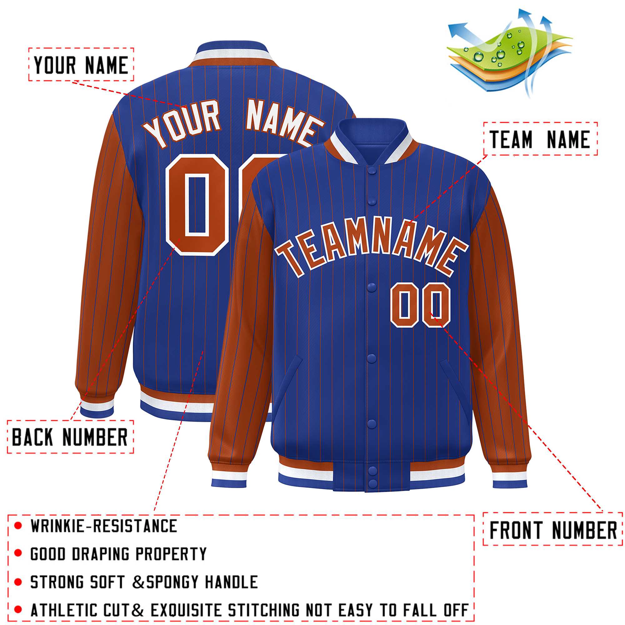 Custom Royal Texas Orange Raglan Sleeves Varsity Full-Snap Pinstripe Letterman Baseball Jacket