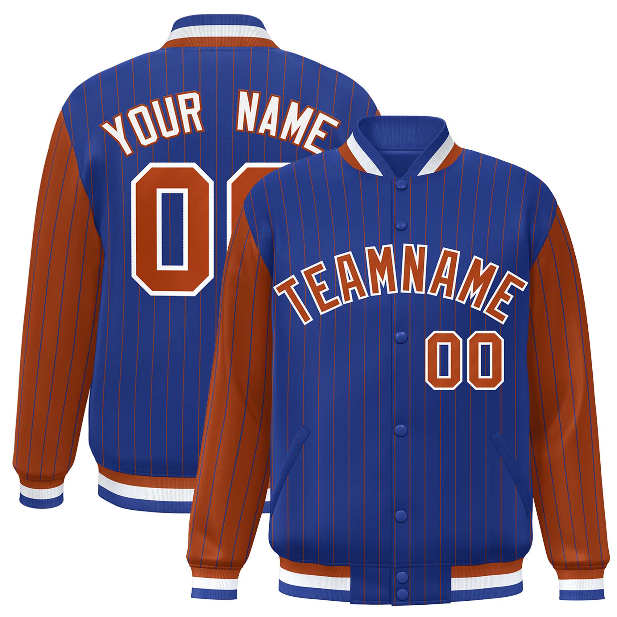 Custom Royal Texas Orange Raglan Sleeves Varsity Full-Snap Pinstripe Letterman Baseball Jacket