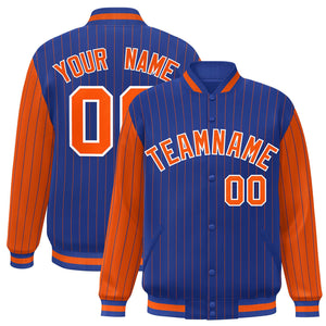 Custom Royal Orange Raglan Sleeves Varsity Full-Snap Pinstripe Letterman Baseball Jacket