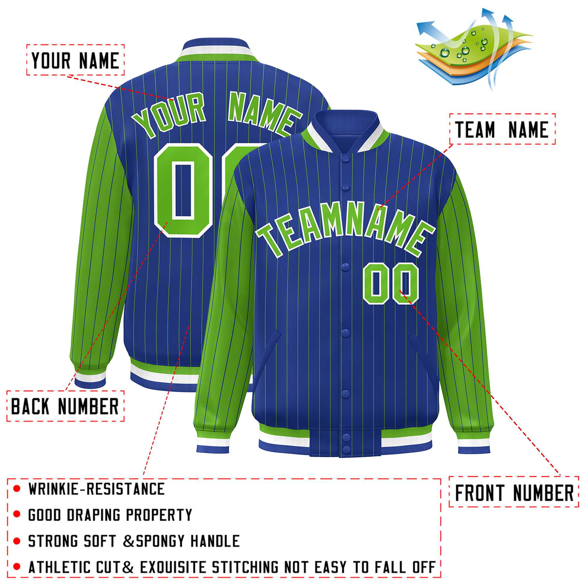 Custom Royal Green Raglan Sleeves Varsity Full-Snap Pinstripe Letterman Baseball Jacket