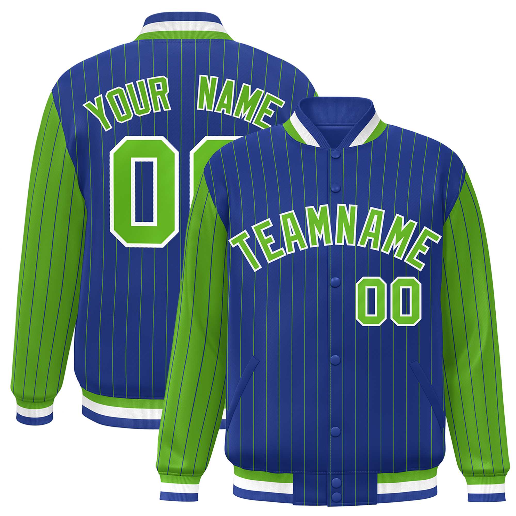 Custom Royal Green Raglan Sleeves Varsity Full-Snap Pinstripe Letterman Baseball Jacket