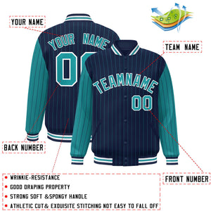 Custom Navy Aqua Raglan Sleeves Varsity Full-Snap Pinstripe Letterman Baseball Jacket