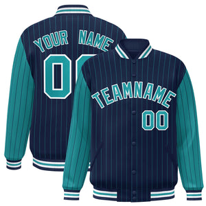 Custom Navy Aqua Raglan Sleeves Varsity Full-Snap Pinstripe Letterman Baseball Jacket