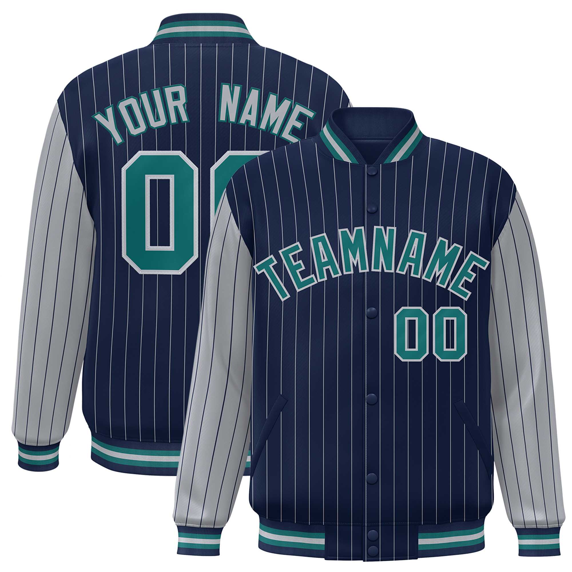 Custom Navy Gray Raglan Sleeves Varsity Full-Snap Pinstripe Letterman Baseball Jacket