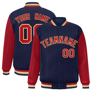 Custom Navy Red Raglan Sleeves Varsity Full-Snap Pinstripe Letterman Baseball Jacket