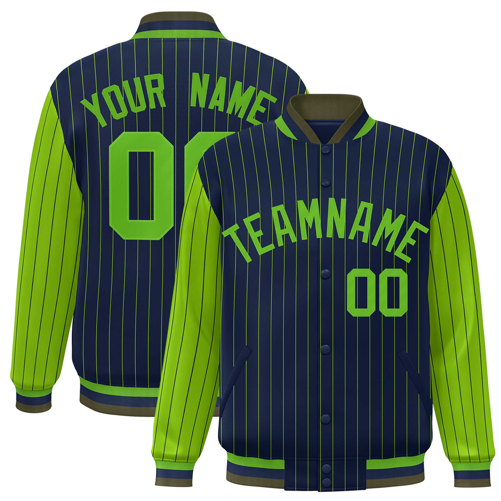 Custom Navy Green Raglan Sleeves Varsity Full-Snap Pinstripe Letterman Baseball Jacket